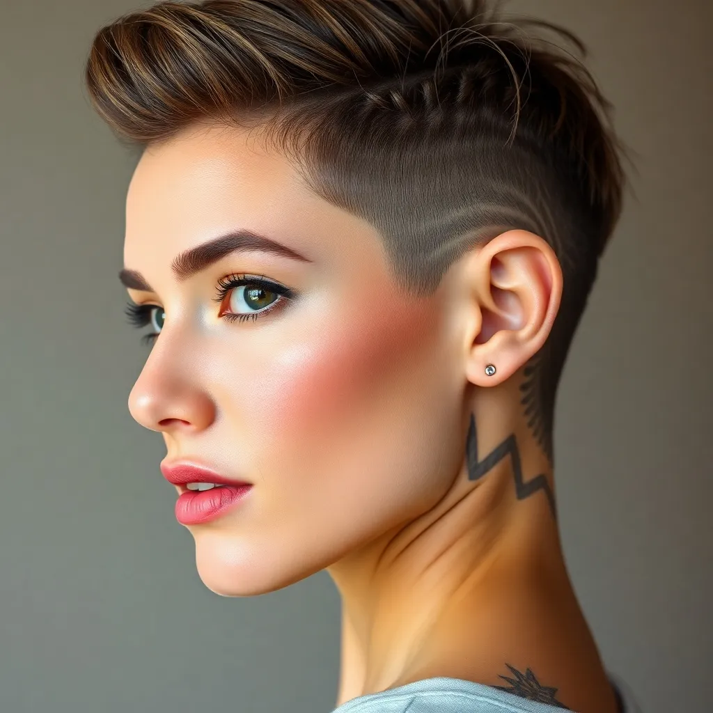 Women with undercut hairstyles featuring creative designs, showcasing bold, artistic, and edgy haircuts with shaved patterns.