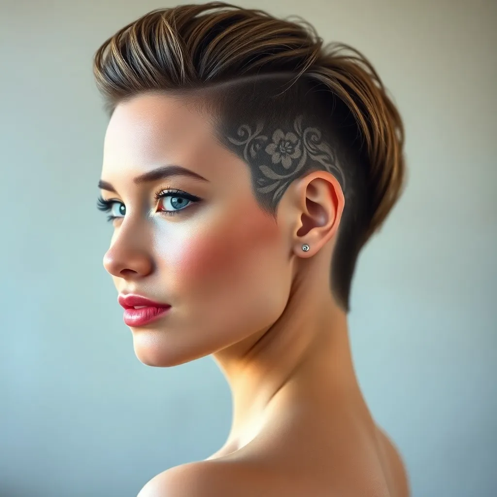 Women with undercut hairstyles featuring creative designs, showcasing bold, artistic, and edgy haircuts with shaved patterns