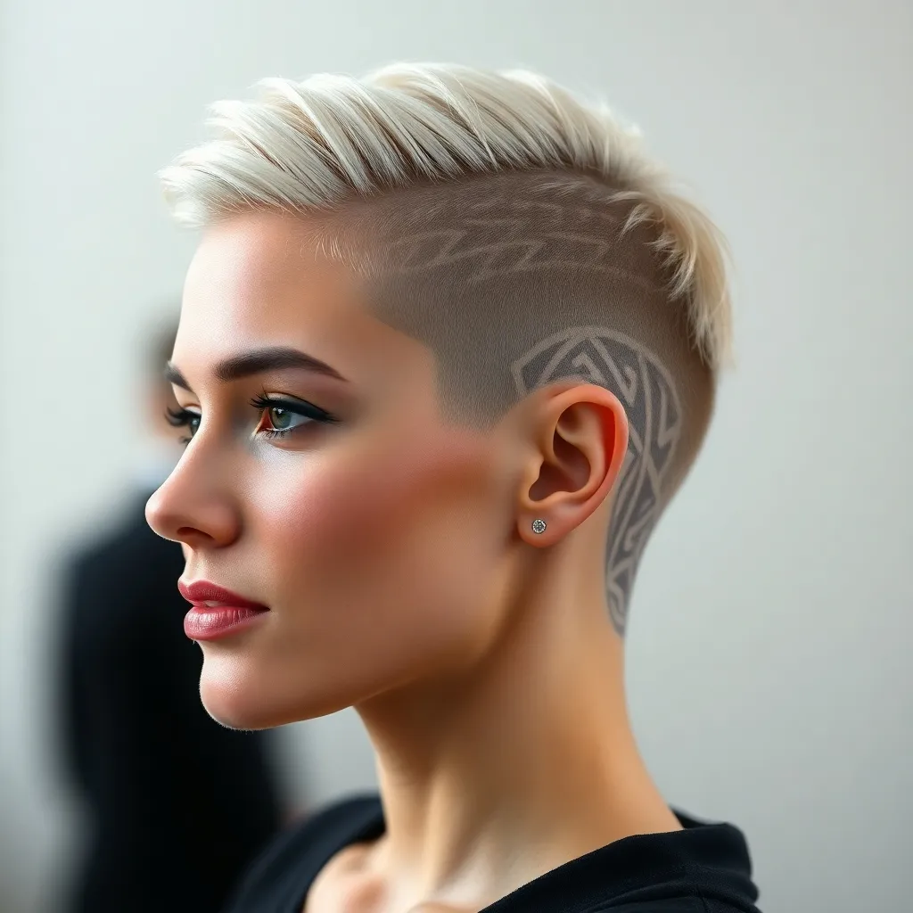 Corte de Cabelo. Women with undercut hairstyles featuring creative designs, showcasing bold, artistic, and edgy haircuts with shaved patterns.