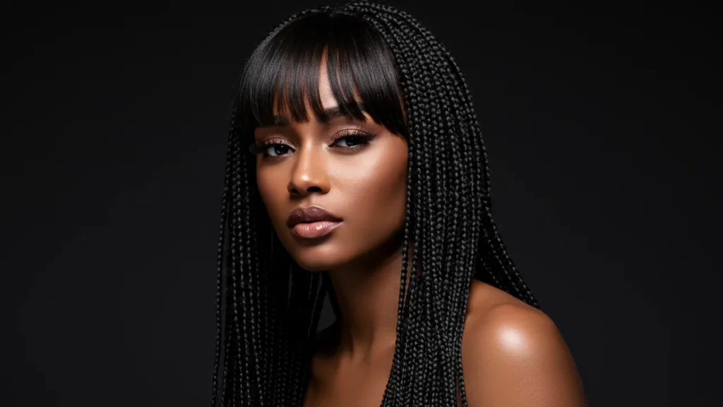 Black woman with stylish box braids and face-framing bangs, a trending protective hairstyle