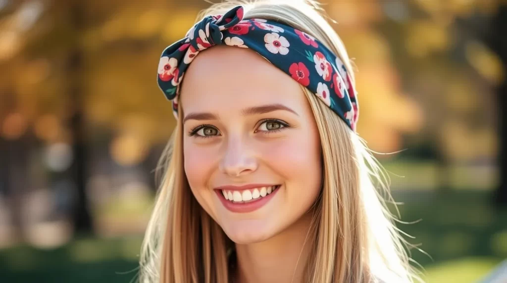 Mulher usando faixa para cabelo de tecido estampado com cabelo solto