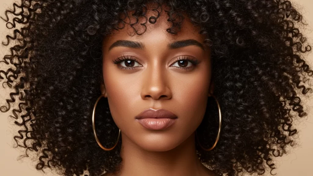 Black woman with voluminous, curly bangs styled in a natural wash-and-go look