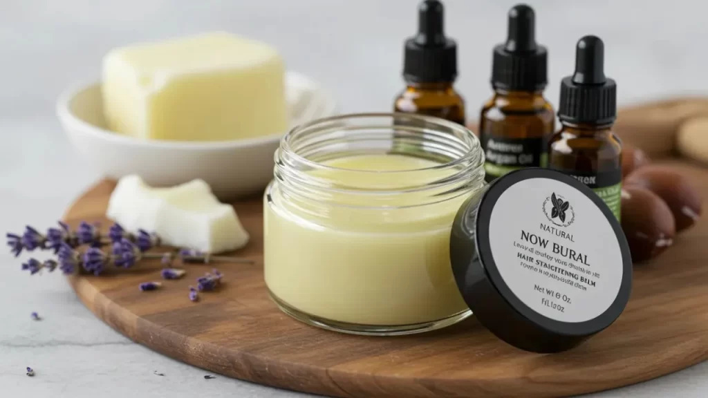 Homemade natural leave-in straightening balm with shea butter, coconut oil, argan oil, and lavender essential oil for smooth, frizz-free hair.