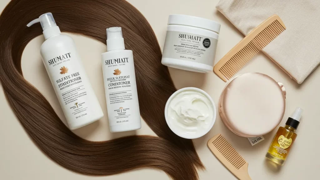 Hair care products for straightened hair including sulfate-free shampoo, heat protectant, and silk pillowcase