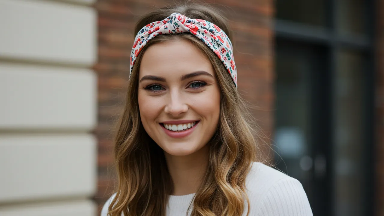 Mulher sorrindo usando faixa para cabelo floral em look casual