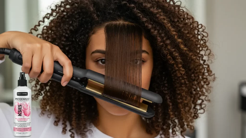 Woman using flat iron to straighten curly hair with heat protectant spray nearby