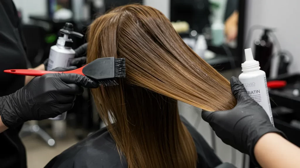 Professional stylist applying keratin treatment in salon with smooth, shiny results