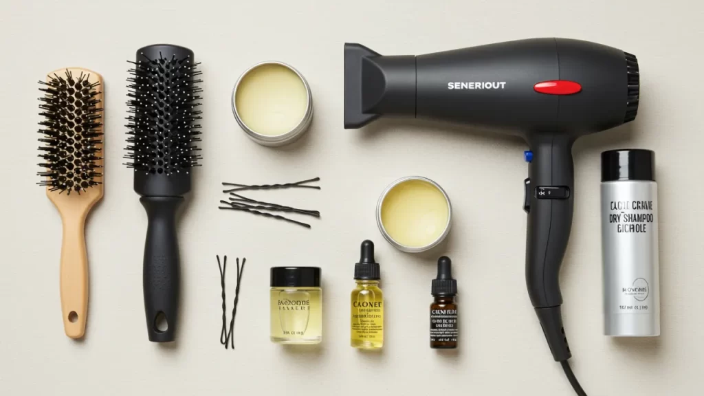 Essential styling tools and products for quick women's undercut hairstyling including brush, pomade, and hairdryer