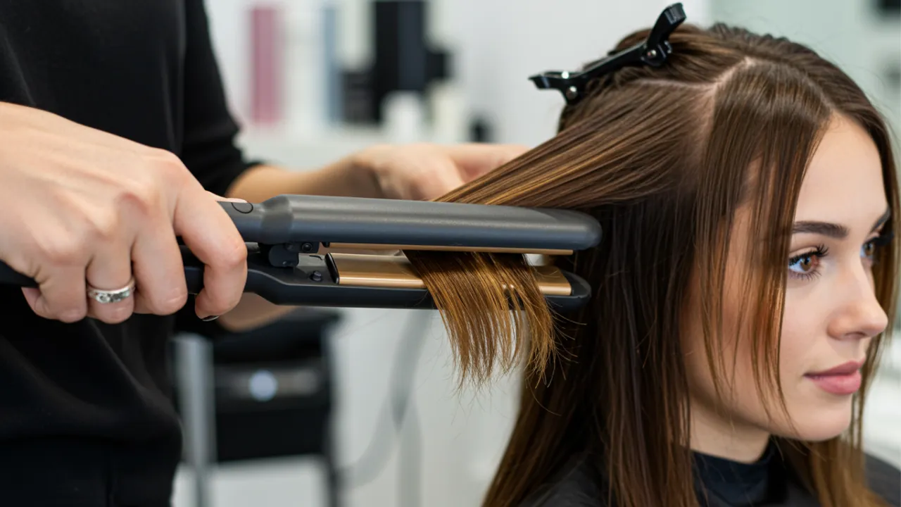 Professional hairstylist straightening client's hair in modern salon