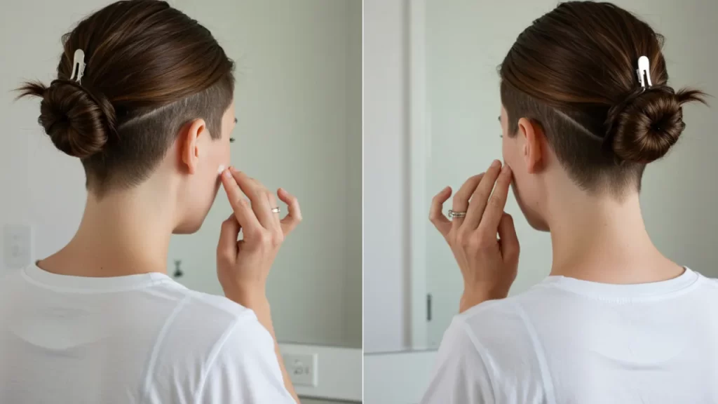 Woman styling her nape undercut in front of mirror demonstrating quick 5-minute technique