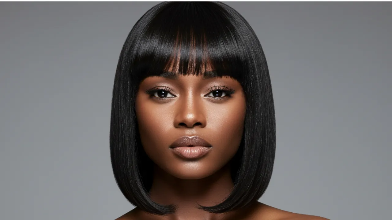 Stylish black woman with sleek black hair and blunt bangs, showcasing the latest beauty trend popular on social media