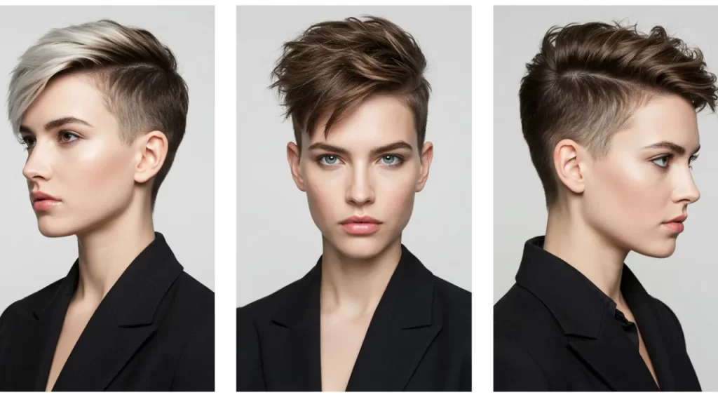 Three side-by-side images showing same women's undercut styled for professional, casual, and special occasion looks