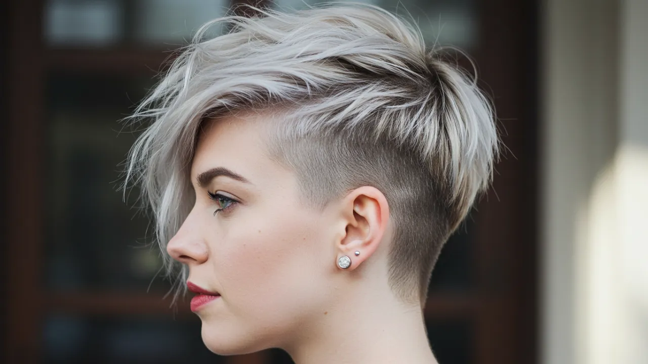 Woman with stylish blonde undercut hairstyle showing shaved side and longer top styled in 5 minutes