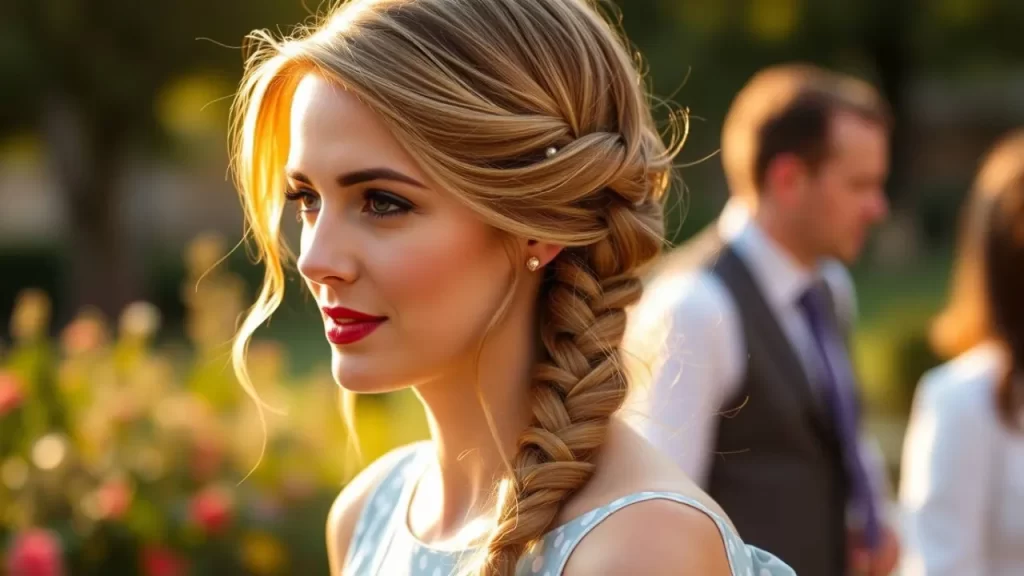 Mulher com trança lateral francesa adornada com pérolas em casamento - penteados para casamento elegante para convidadas